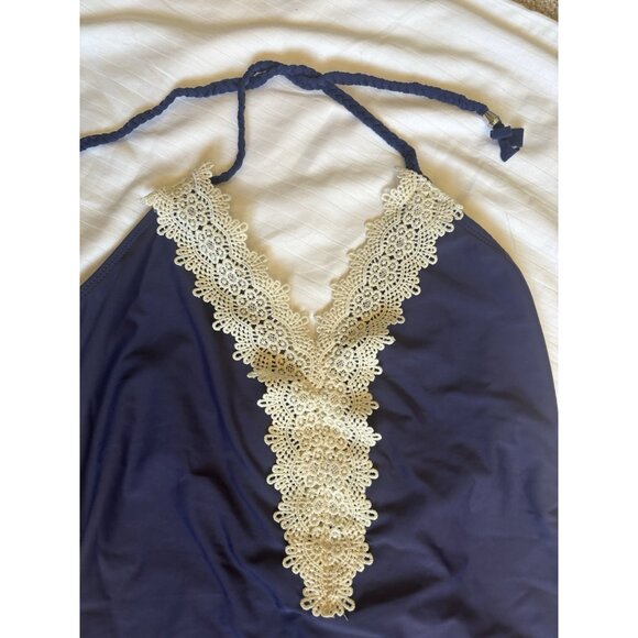 Navy Blue Monokini V-Neck One-Piece Swimsuit Low Back Halter Sexy Minimalist - Picture 10 of 16